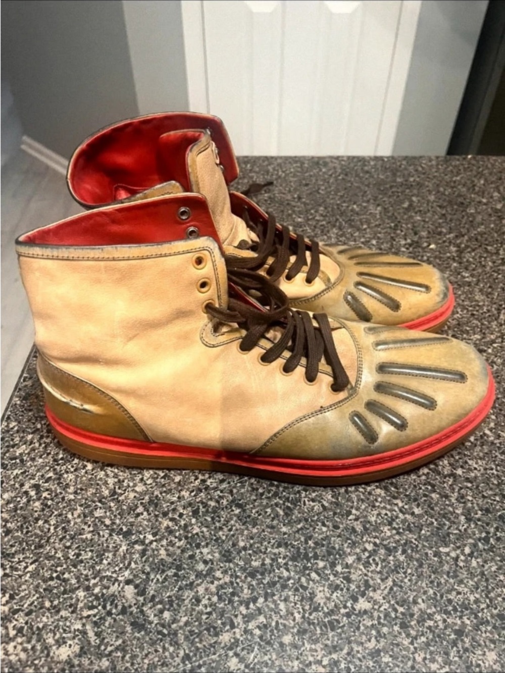 Gucci Tan and Red High-Top Leather Boots